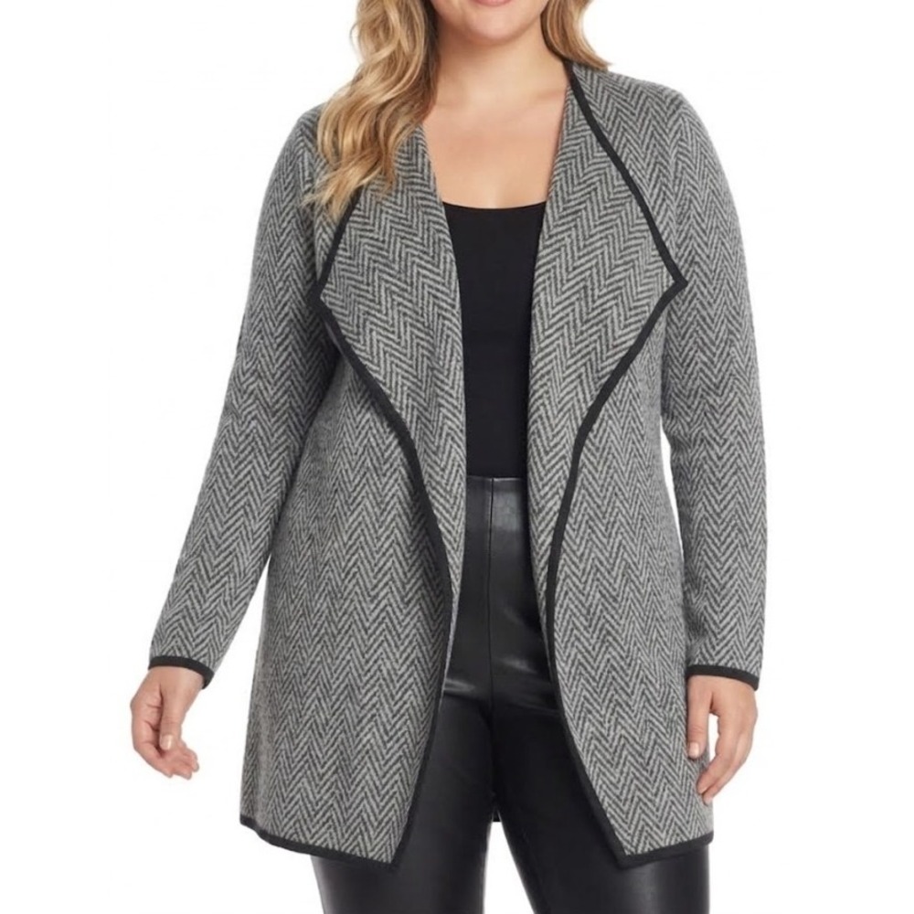 New Vince Camuto Cardigan XL Grey Herringbone Chevron Open Front Cotton Preppy